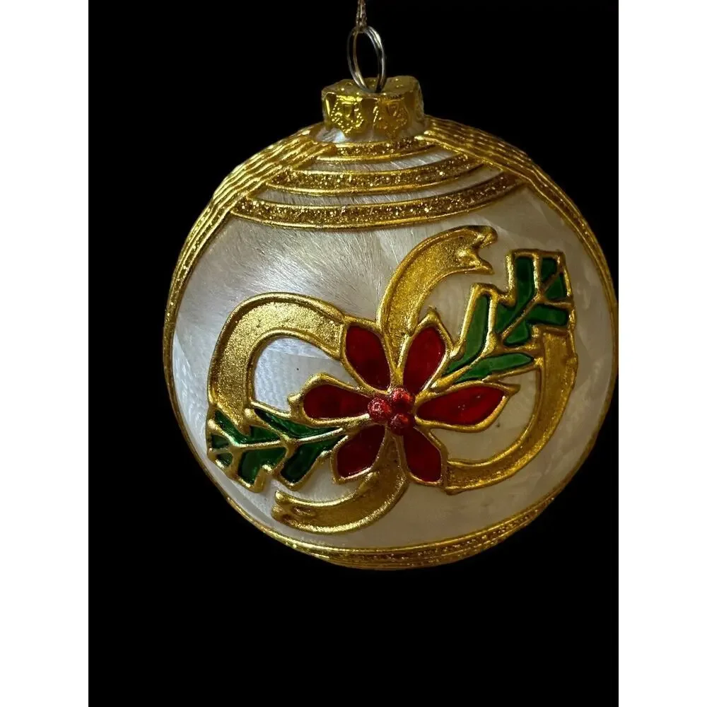 SATIN Poinsettia BALL EUROPEAN BLOWN GLASS CHRISTMAS ORNAMENT Gold Foil - Picture 2 of 6